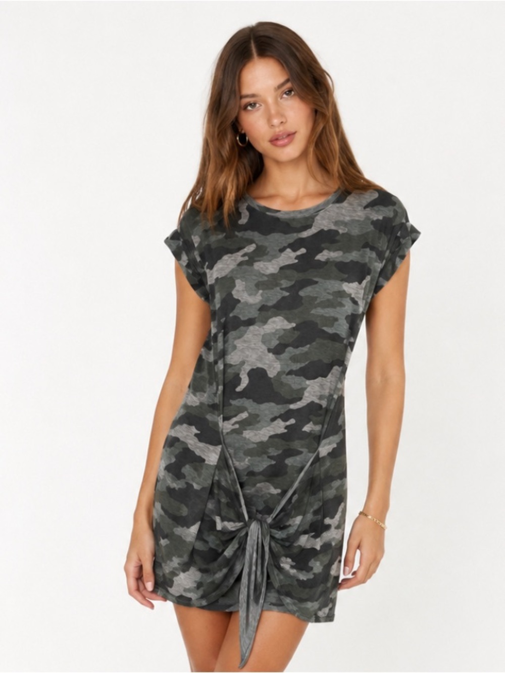 AERIE Camo Tie-Front T-Shirt Dress - Gray & Olive Size Medium